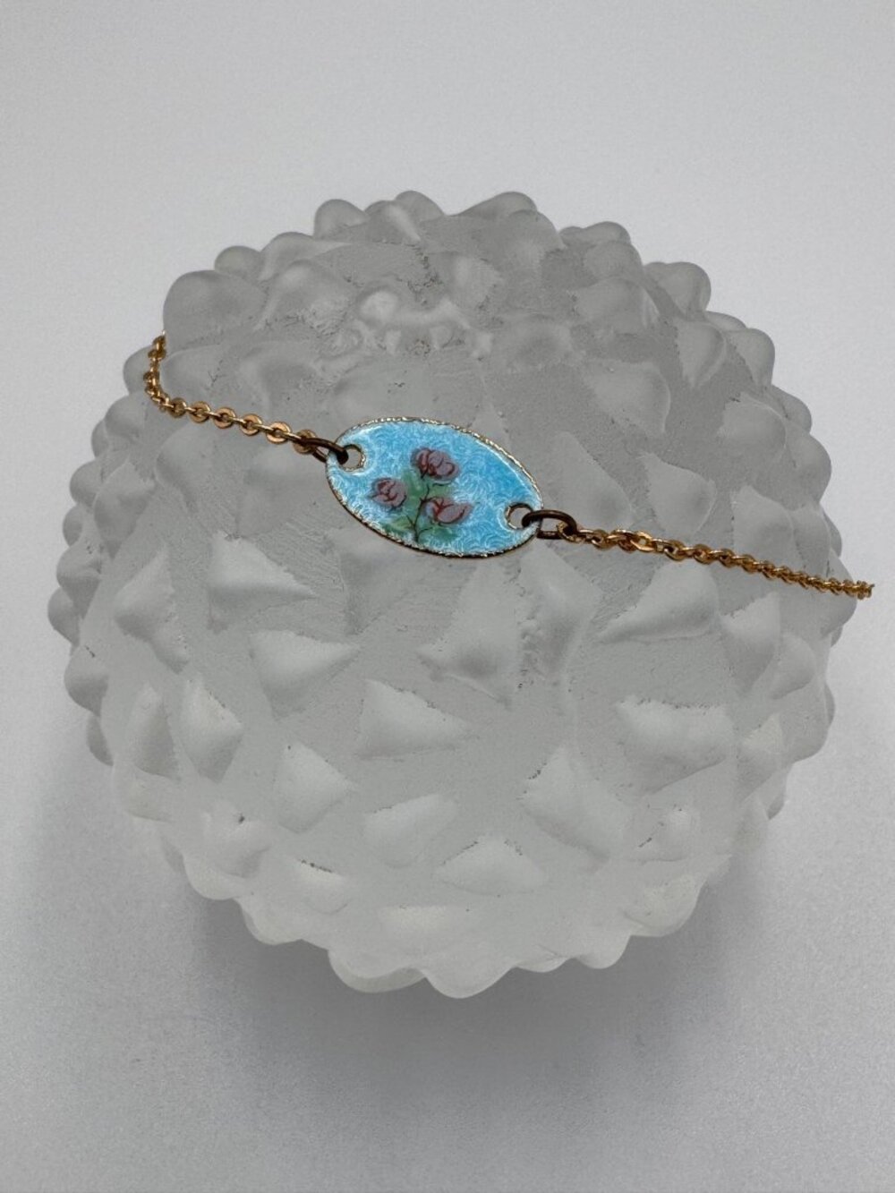 Vintage Guilloche Style Enamel Rose Gold Tone Anklet Bracelet 8.5” Floral